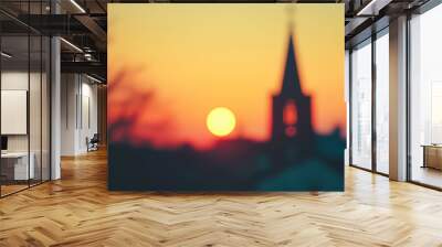 Blur church in the sunset background, abstract background religion church. Wall mural