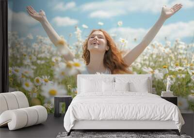 Calm happy smiling woman with closed eyes enjoys a beautiful moment life on the white flower fields.
 Wall mural