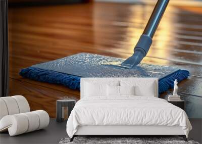 Cleaning of wooden laminate floor with mop and detergent, closeup. Wall mural