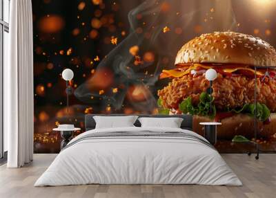 Fried chicken burger with flying ingredients and spices hot, food commercial advertisement menu banner. Wall mural