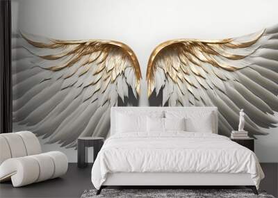 Golden White angel wings render 3D feather bird wings isolated on white background Generated by Ai Wall mural