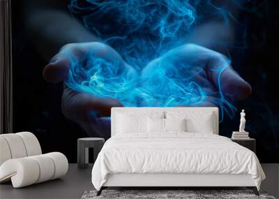 Hand of wizard magical blue smoke fog, magic hand wizard. Wall mural