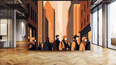 People wearing masks walk in the city to protect themselves from viruses. Men and women or crowd walking on the street wearing a masks to prevent viruses around them, flat design generated by Ai Wall mural