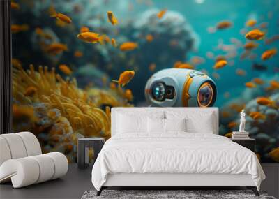 Robotic submarine observation marine life in the ocean, Underwater with colorful sea life fishes and plant. Wall mural