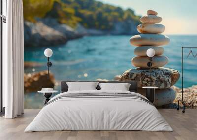 Rocks stacked one on top of another on the background of the sea. Wall mural