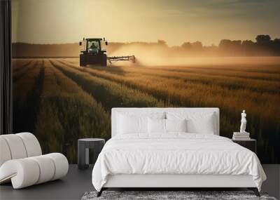 Tractor spraying pesticides on soybean field with sprayer at spring generated by AI. Wall mural