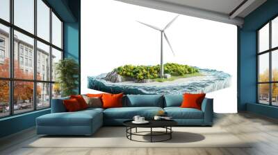 3D render of an offshore wind turbine on an abstract island with lush greenery and surrounding water, depicting renewable energy. Wall mural