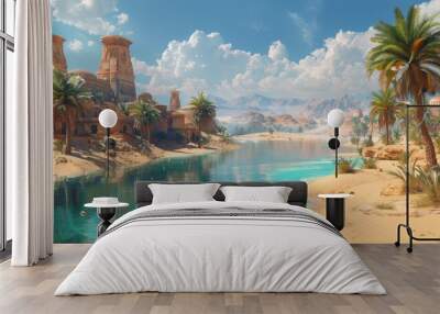 A beautiful desert scene with a river running through it. The water is blue and the sky is cloudy Wall mural