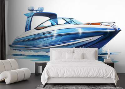 A blue and white boat is on the water. The boat is moving fast and has a blue stripe on the side Wall mural