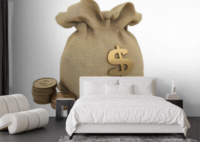 A burlap sack filled with gold coins, symbolizing wealth, prosperity, and financial success, against a transparent background. Wall mural