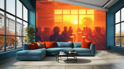 A classroom with a large window that is letting in the sun. The sun is shining through the window and casting a warm glow on the students. The students are sitting at their desks Wall mural