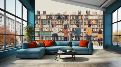 A group of people are looking at books in a library. Wall mural