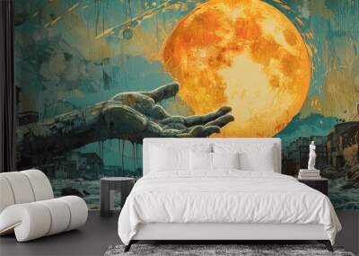 A hand is reaching out to the moon. The moon is surrounded by a dark sky and a body of water. The scene is mysterious and surreal, with the hand and the moon appearing to be connected in some way Wall mural