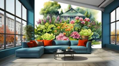 A house with a garden in front of it. The garden is full of flowers and plants, including a potted plant. The house is green and has a blue door Wall mural