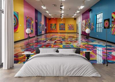 A large room with many colorful paintings on the walls. The paintings are all different sizes and colors, and they are arranged in a way that creates a sense of movement and energy Wall mural