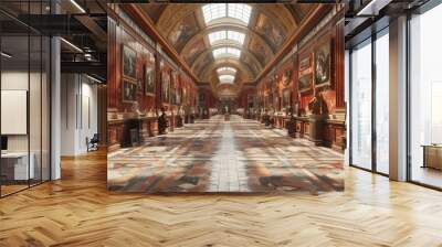 A long hallway with many paintings and statues. The paintings are of people and the statues are of people and animals Wall mural