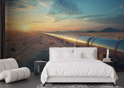 A long pipeline is shown in the desert at sunset. The pipeline is made of metal and is surrounded by rocks. The sky is filled with clouds, creating a moody atmosphere Wall mural