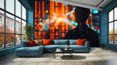 A man in glasses is looking at the night city lights through the window. Wall mural