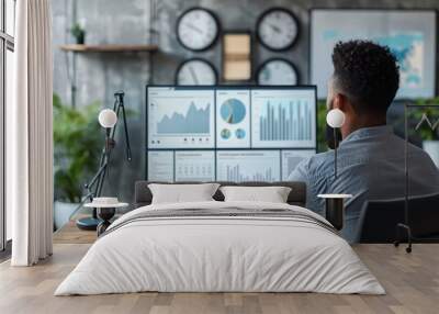 A man is sitting at a desk in front of a computer monitor with a lot of graphs and numbers on it. He is focused on the screen and he is working on some data analysis. The room has a modern Wall mural