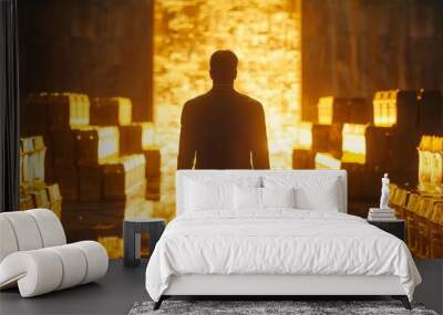 A man standing in a room full of gold bars. Wall mural