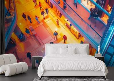 A vibrant and colorful view of a modern shopping mall interior bustling with people and illuminated by dynamic lighting. Wall mural