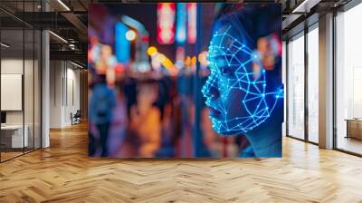 A woman is looking at a computer screen with a blue face Wall mural