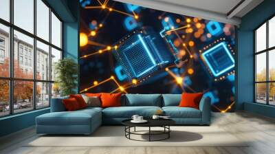 Abstract representation of digital data and technology connectivity with glowing lines and cubes, showcasing modern networking concepts. Wall mural