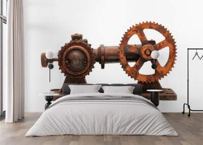 An antique, rusted industrial machine part with a large gear and intricate details, isolated on a transparent background. Wall mural