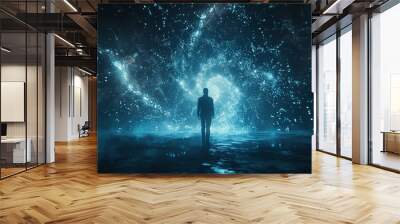 Astronaut walking on the surface of an alien planet with a beautiful nebula in the background Wall mural