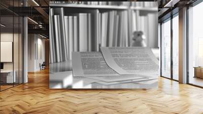 Black and white image of a desk with a laptop displaying charts, documents, and bookshelves in the background, signifying workspace and productivity. Wall mural