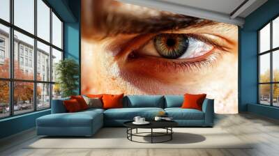 Close-up of a person's intense eye with detailed iris and eyebrow. Focus on eye expression and skin texture. Wall mural