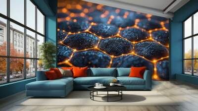 Close-up view of a carbon nanostructure with a hexagonal pattern highlighted by an orange neon glow. Wall mural