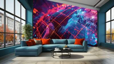 Futuristic digital global communication network, abstract technology data transfer concept with glowing lines and Earth map visualization. Wall mural