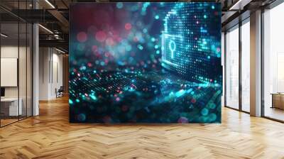 Futuristic digital padlock symbolizing cybersecurity on a vibrant abstract background of technology elements. Wall mural