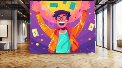 Happy person celebrating a financial windfall with floating money and confetti in a colorful cartoon illustration. Wall mural