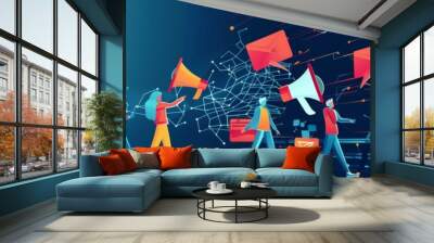 Illustration of diverse people with banners and megaphones, depicting social media influence and digital communication in the modern age. Wall mural