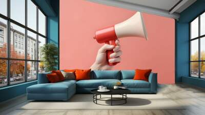 Megaphone in hands on pink background. generative ai Wall mural