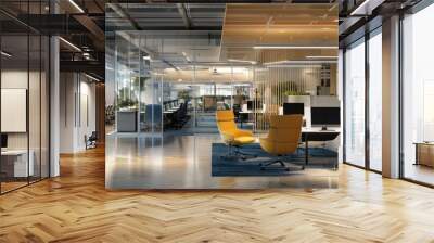 Modern open-plan office space with stylish furniture, plants, and natural light, promoting a productive and pleasant working environment. Wall mural