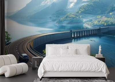 Scenic mountain road winding by a serene lake and scenic forest, with mountains and sky in the background, perfect for travel and nature themes. Wall mural