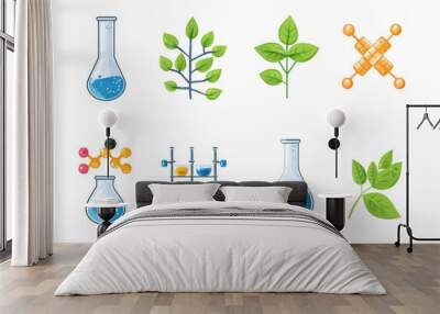 Science and nature vector icons featuring lab equipment, plants, and molecular structures, ideal for educational and research visuals. Wall mural