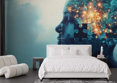 Silhouette of a human head with puzzle pieces and abstract lights, symbolizing artificial intelligence and digital transformation. Wall mural