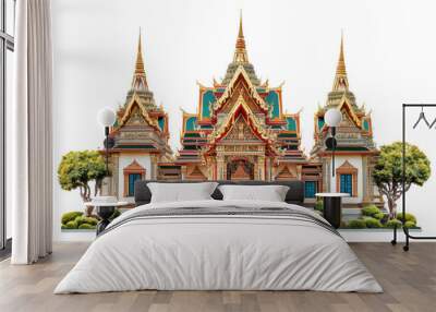 Stunning ornate Thai temple with vibrant colors, intricate details, and lush greenery, showcasing traditional architectural design. Wall mural