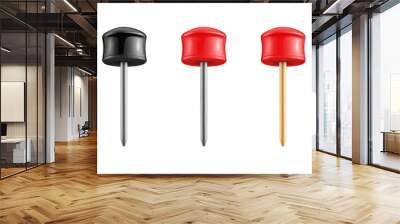 Three push pins, one black and two red, isolated on transparent background. for office and stationery uses. Wall mural