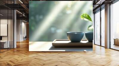 Two cups on a wooden tray with sunlight streaming through the window, creating a serene and peaceful atmosphere. Perfect for relaxation moments. Wall mural