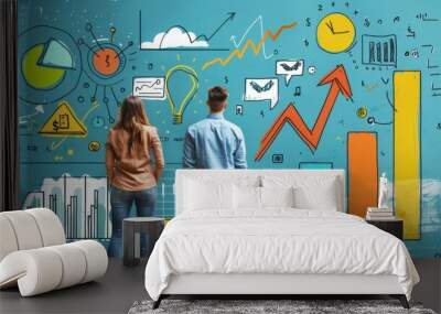 Two people analyze data and graphs on a blue background, emphasizing financial growth, teamwork, and strategy planning. Wall mural