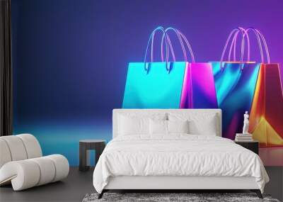 Vibrant holographic shopping bags with glowing neon lights, representing modern retail and futuristic style. Wall mural