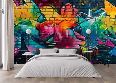 Vibrant street art mural with colorful graffiti showcasing abstract shapes and designs on a brick wall, representing urban creativity and culture. Wall mural