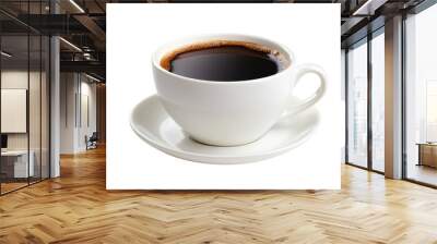 White ceramic cup filled with hot black coffee on a matching saucer, isolated on a transparent background. perfect for morning refreshment imagery. Wall mural