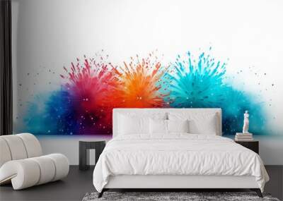 A colorful explosion of fireworks is displayed on a white background Wall mural