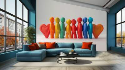 A group of colorful figures stand in a row, with one of them holding a heart Wall mural